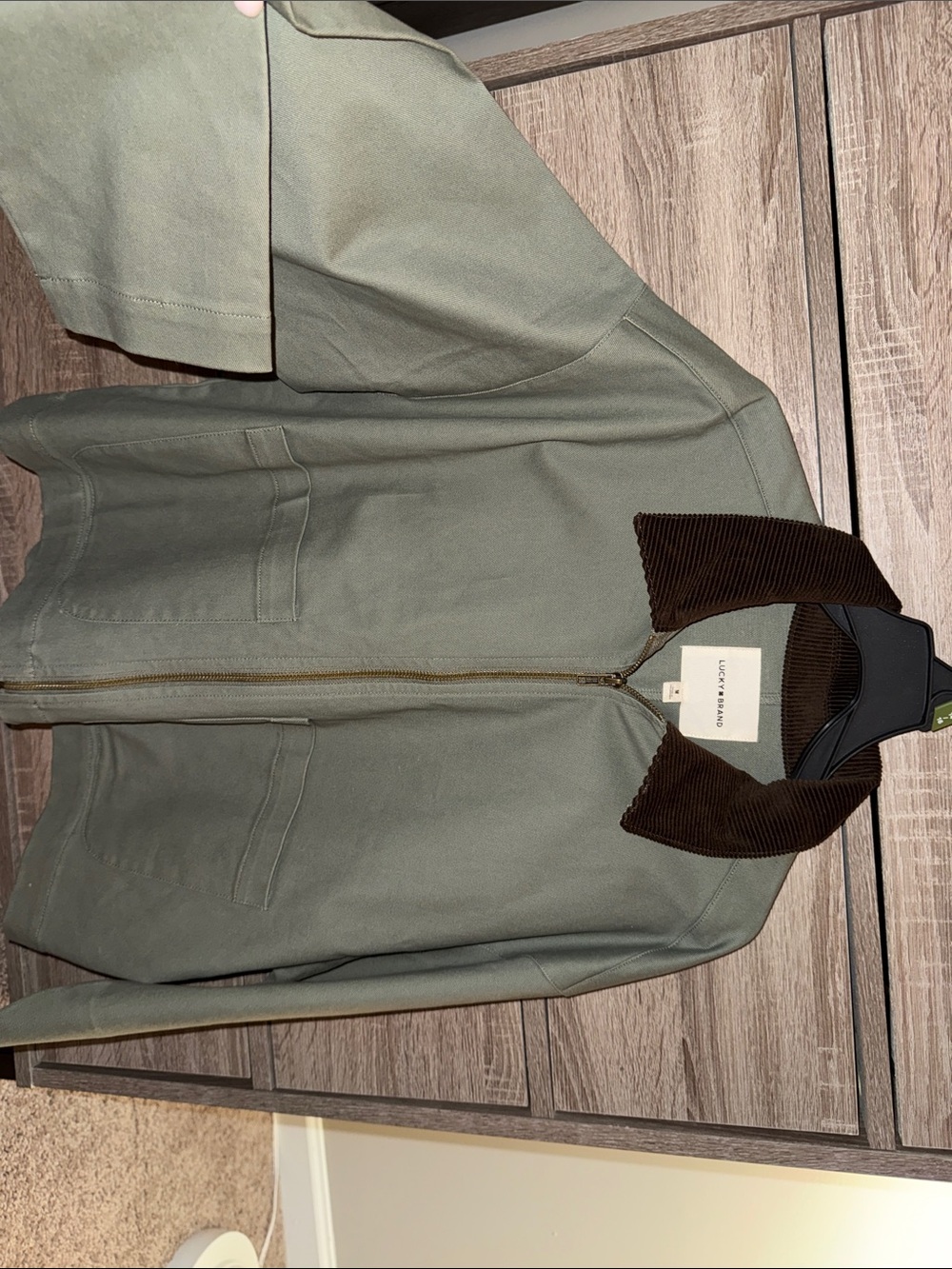 Lucky Brand Olive Green Zip Front Jacket with Brown Corduroy Collar